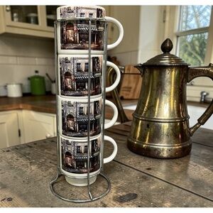 Vintage European Street Scene 8 oz. Stackable Mug Set with Chrome Rack (Set of 4